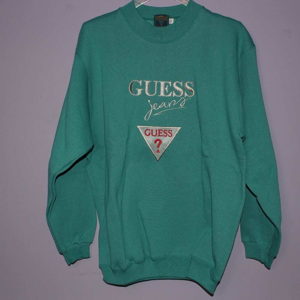 Vintage Green Guess Sweatshirt Size L with Embroidered Logo